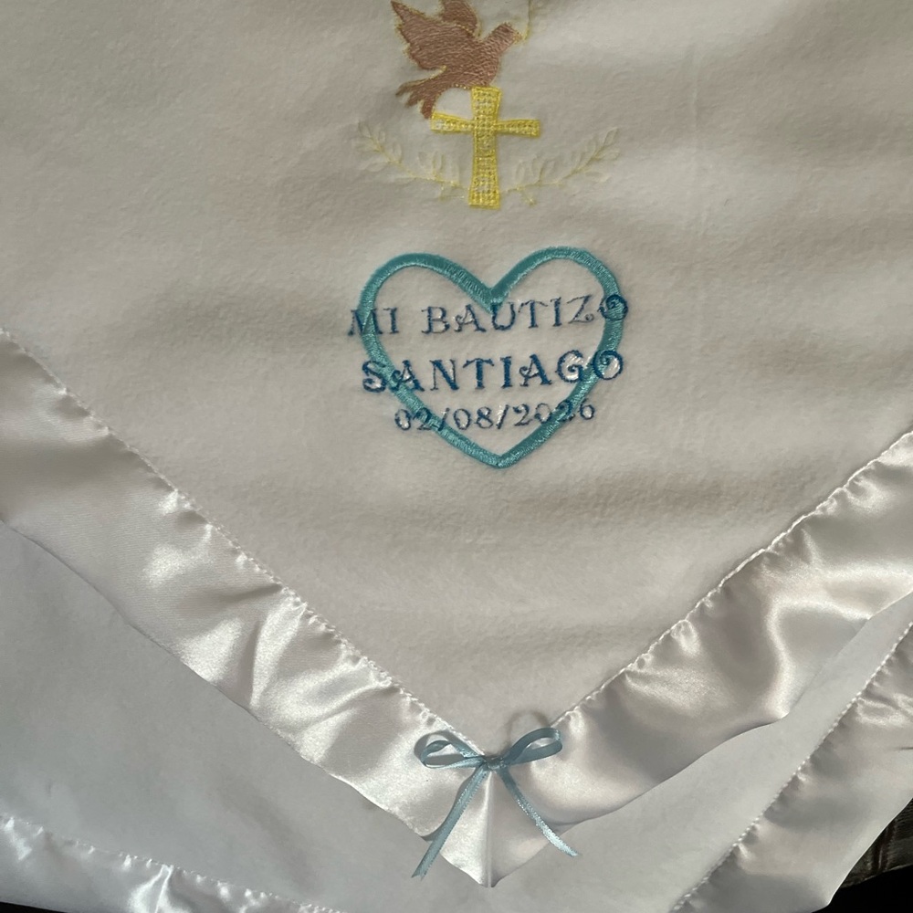 White Baptism Blanket with Blue Embroidery